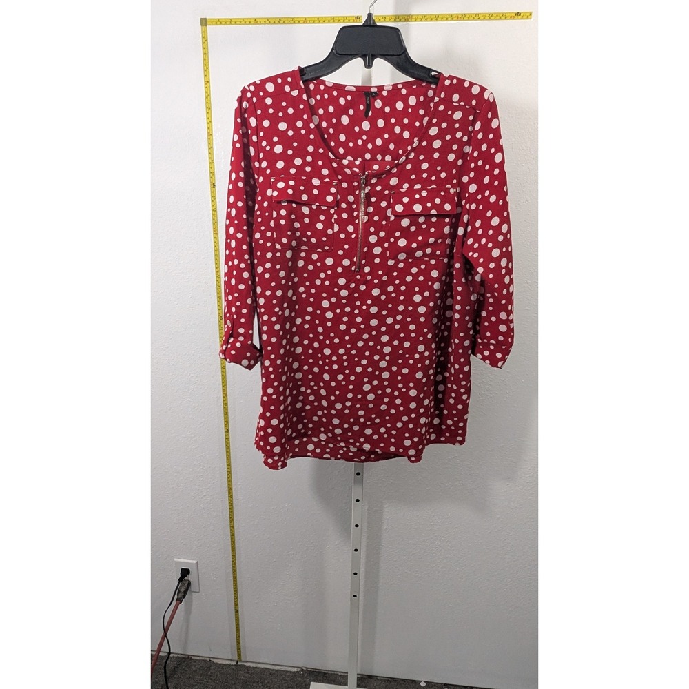 Cathy Womens Red White Polka‎ Dot Half Zip Blouse 3/4 Roll Tab Sleeve Size Large